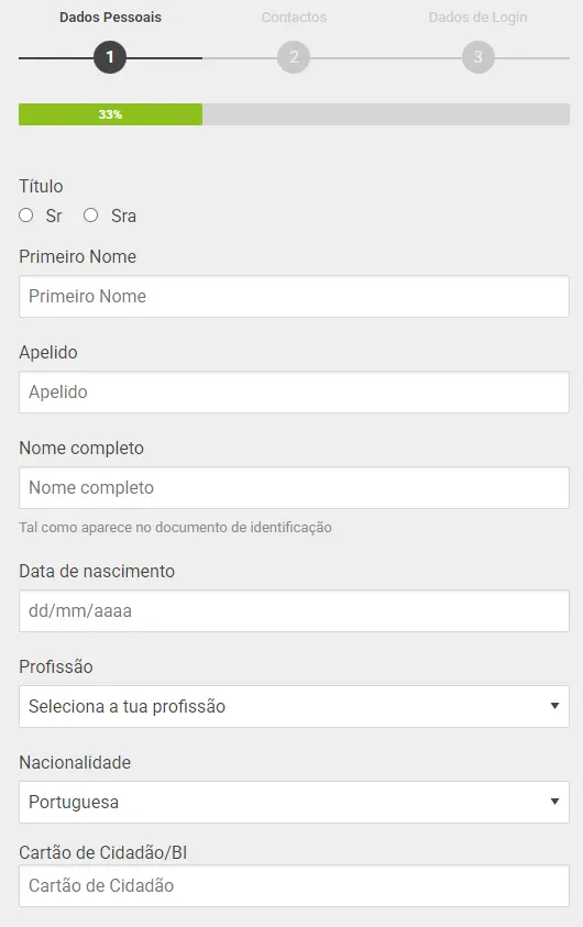Formulário rápido para criar conta de jogador