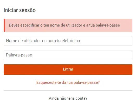 Área de início de sessão – entrar na conta de utilizador